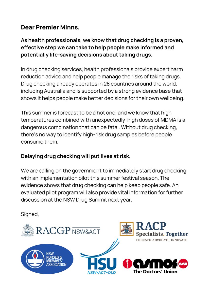 As health professionals, we believe in effective and evidence-based solutions that will help save lives. We've joined with the @RACGP, @TheRACP, @HSUNSW and @ASMOFnsw in calling for @ChrisMinnsMP to implement a pilot drug checking program for this summer festival season.