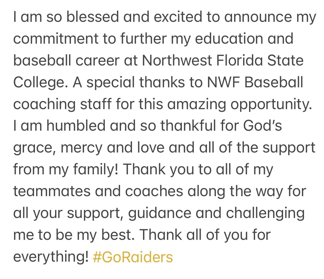 I am so excited to announce my commitment to further my education and baseball career at Northwest Florida State College. A special thanks to <a href="/NWFRaiders_BSB/">NWF Baseball</a> for this amazing opportunity! <a href="/Pwisser27/">Phillip Wisser</a> <a href="/Toros_baseball/">OfficialTocoiCreekBaseball</a> <a href="/TieGoes2Runner/">Brandon Bishoff</a> <a href="/therealtomlucas/">Tom Lucas</a> <a href="/BackWoodRebel39/">🇺🇸BRETT MYERS MUSIC🇺🇸</a> <a href="/coachboz09/">Mike Boswell</a>