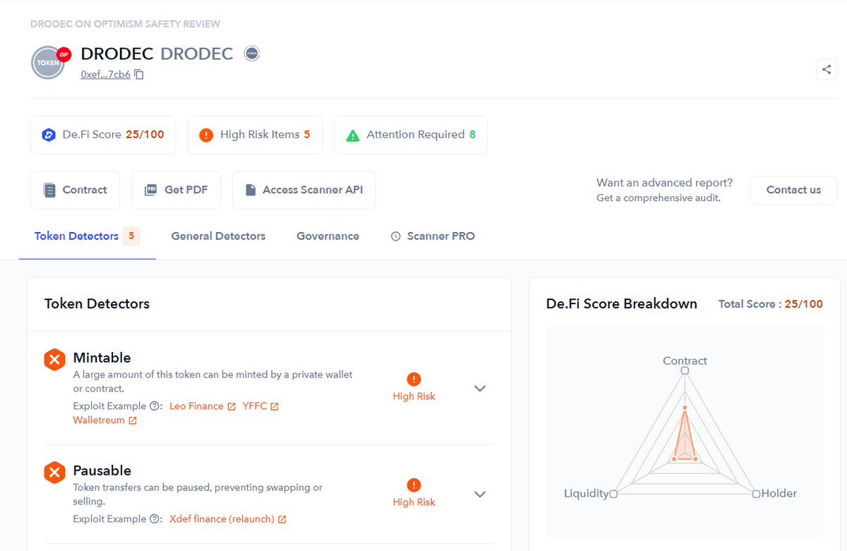 wholovesburrito's tweet image. A reminder to stay safe out there in crypto-land.  I am finding the @DeDotFi screener to be a useful tool in Doing My Own Research.  An example contract screen is attached. 

Here are some other hints for identifying potential scam projects: wholovesburrito.com/2023/05/30/spo…

#DATIS #DePIN