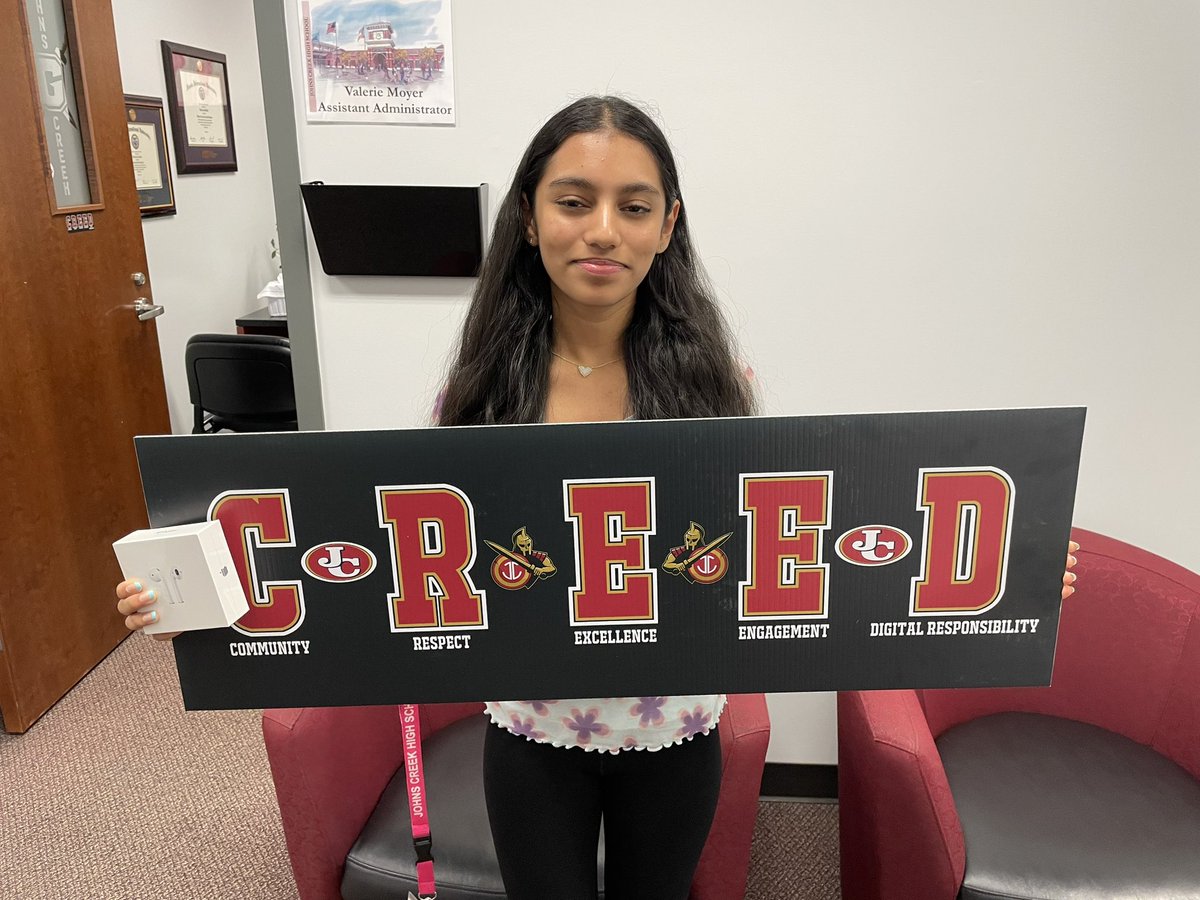 Our CREED team has been working hard digging into attendance data to continue to incentivize students through attendance challenges. Shout out to 79% of our students who met the first challenge criteria and to our lucky drawing winner! #wearethecreek #jchsgladiators
