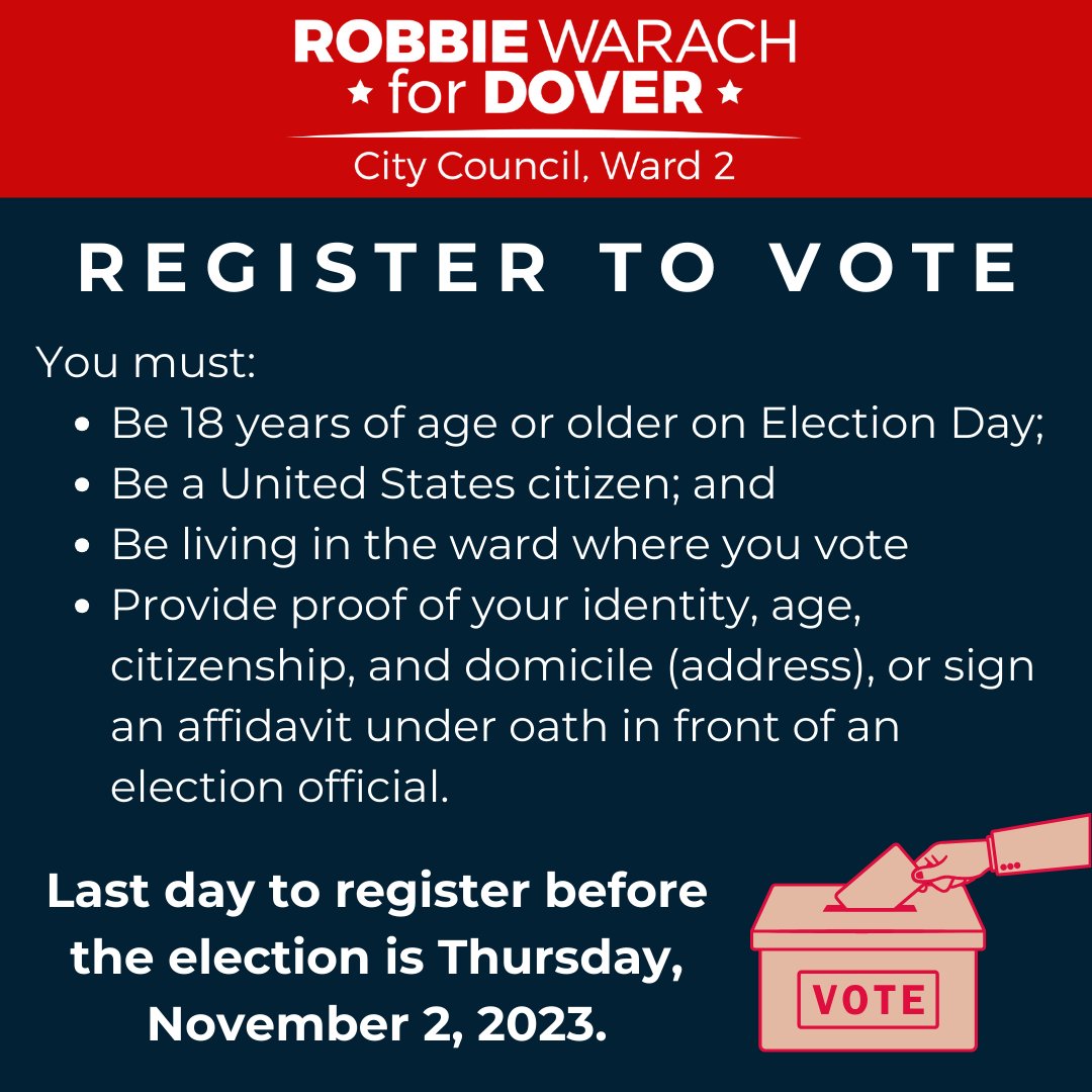 RobbieForDover's tweet image. Have you registered to vote in the municipal election on November 7th yet? If not, visit the City Clerk's office at City Hall by Thurs, November 2nd. Don't forget to bring a photo ID (if it doesn't have your current address, bring a utility bill or other proof of address).