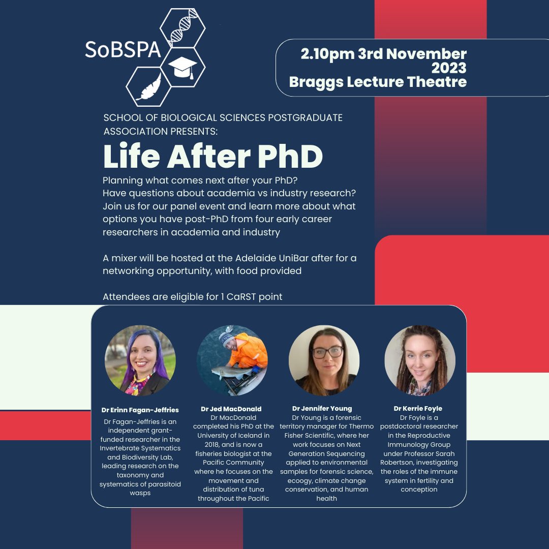 Join us on the 3rd of November at 2.10pm in the Braggs lecture theatre to ask our panellists any questions you have about life after your PhD, and about their own careers and studies. A mixer will be held after at the UniBar with food provided as a networking opportunity