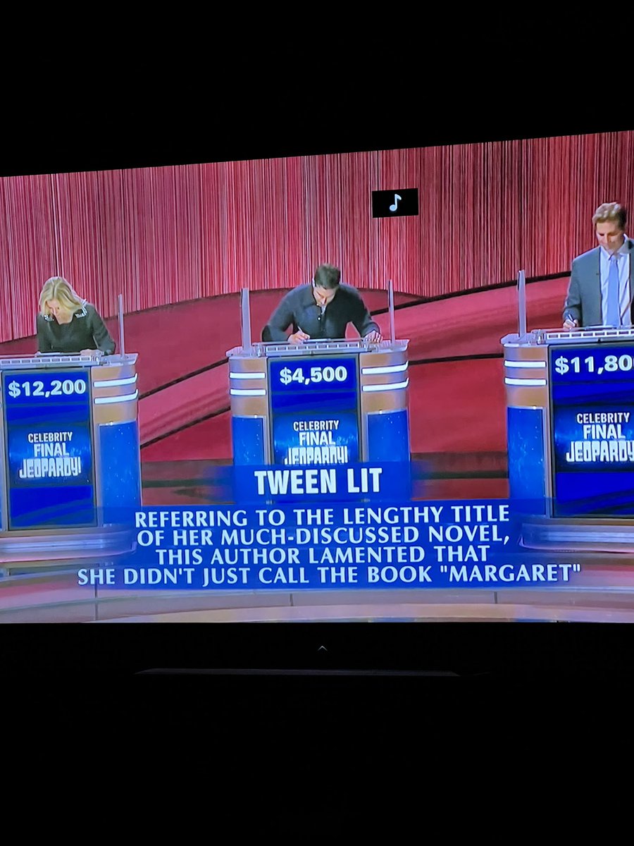 Michelle C. Jarrett (@jarrettreads) on Twitter photo Oh heavens! <a href="/CelebJeopardy/">Celebrity Jeopardy!</a> final question and the answer is <a href="/judyblume/">Judy Blume</a>! All the contestants got it right…thank goodness or the world would blow up. 🤯 I could never ever be friends with folks who didn’t know this. Best book ever! Oh heavens! <a href="/CelebJeopardy/">Celebrity Jeopardy!</a> final question and the answer is <a href="/judyblume/">Judy Blume</a>! All the contestants got it right…thank goodness or the world would blow up. 🤯 I could never ever be friends with folks who didn’t know this. Best book ever!