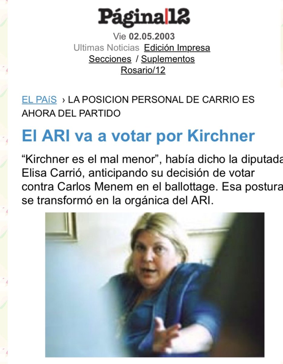 Uds son muy chicos pero en el ballotaje del  2003  Carrio apoyó y pidió votar  por Néstor Kirchner. 
-Ahora dice que “Bullrich comete un error histórico”
