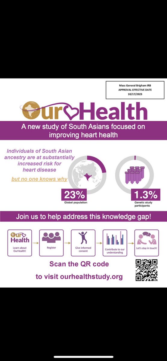 Heart Disease in #SouthAsians is a big and growing problem in the U.S. (and 🌎) The @ourhealthstudy is going to help understand why What can you do? 1. Read thread below 2. Spread the word to your family, patients, orgs, etc. so they enroll a wide & diverse cohort for analysis