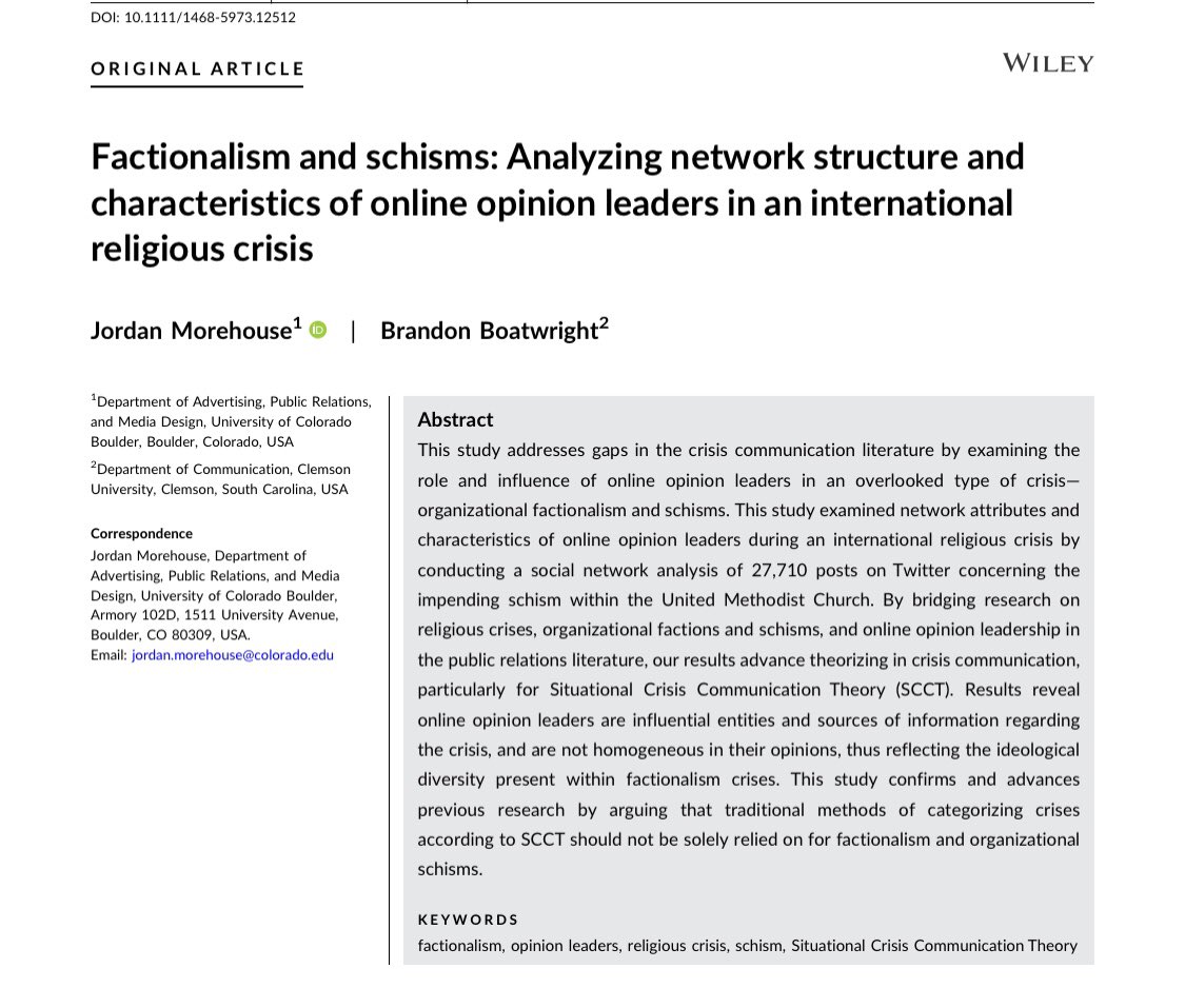 So excited to have this research published with <a href="/brandoncb10/">Brandon Boatwright</a>! In this study, we examine the role and influence of online opinion leaders in an international religious crisis involving organizational factions and an impending schism. doi.org/10.1111/1468-5…
