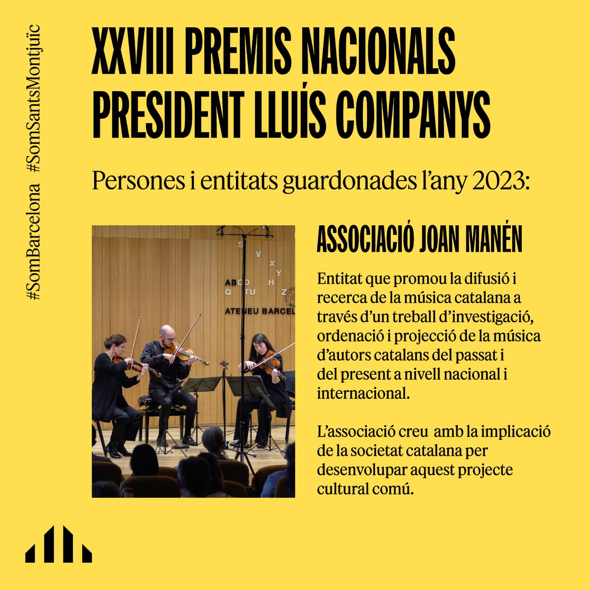 ercsantsmon's tweet photo. L'Associació @JoanManen rebrà un guardó dels 28ens #PremisNacionalsLluísCompanys de la mà del M.Hble. President de la Generalitat, Pere Aragonés.

L'entitat ens ha permès redescobrir el patrimoni musical català del passat i del present.

@ERCbcn
#SomBarcelona #SomSantsMontjuïc https://t.co/Be57NWVdRj