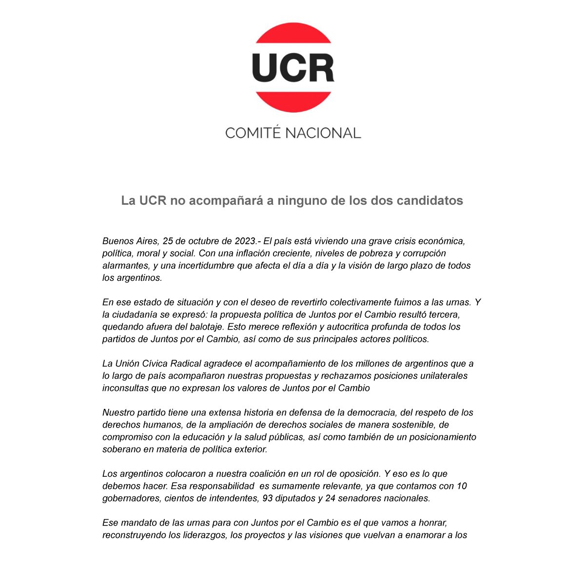 GerardoMorales's tweet photo. La UCR no apoyará a ningún candidato. Siempre vamos a defender los valores de la democracia. Los únicos dueños de los votos son los argentinos. https://t.co/Dk1HNuvBTh