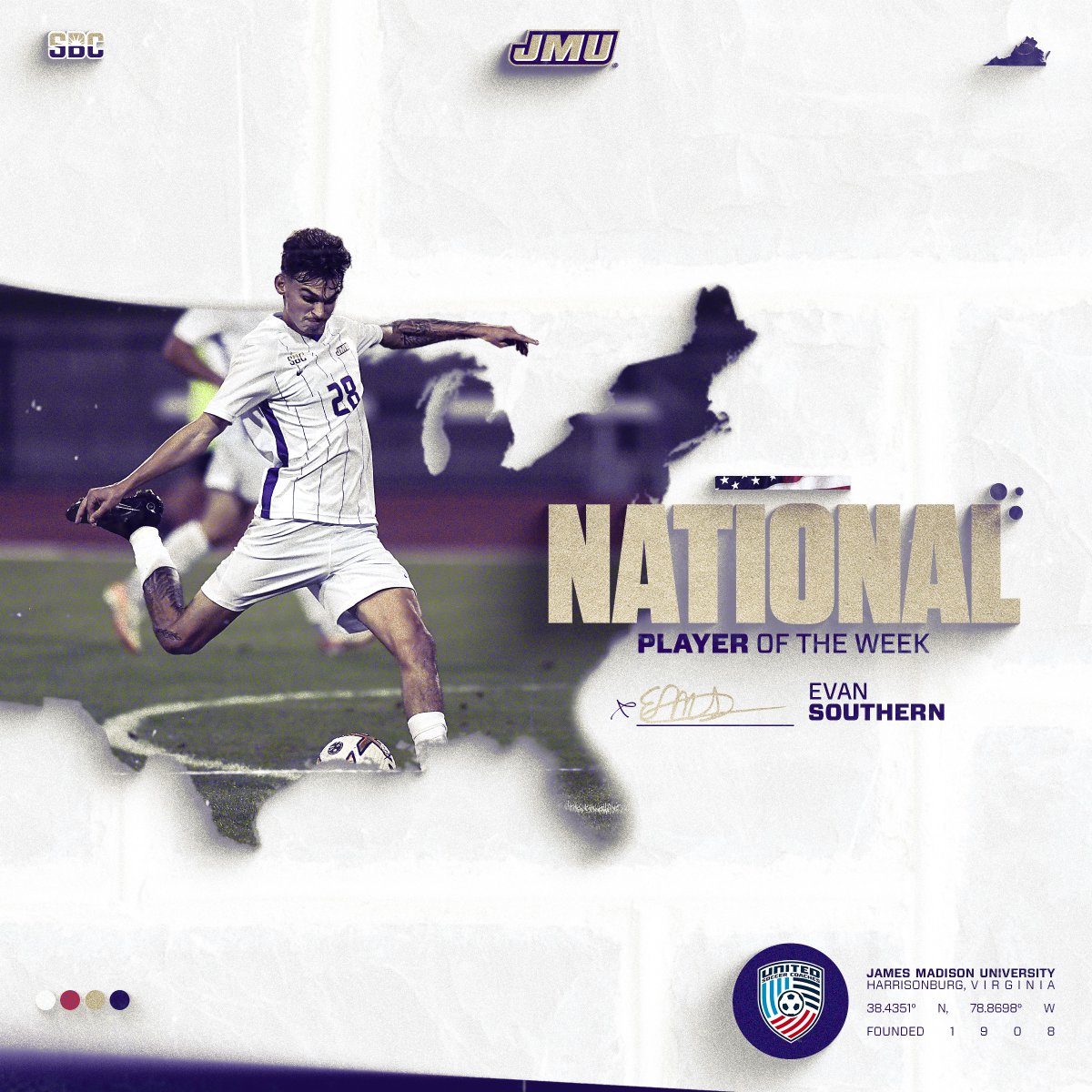 JMUMSoccer's tweet photo. Another honor coming for @EvanSouthern3!

He has been tabbed the @UnitedCoaches National Player of the Week!

📰 | https://t.co/V0GKdK75mj

#GoDukes https://t.co/TIu2wOC7tY