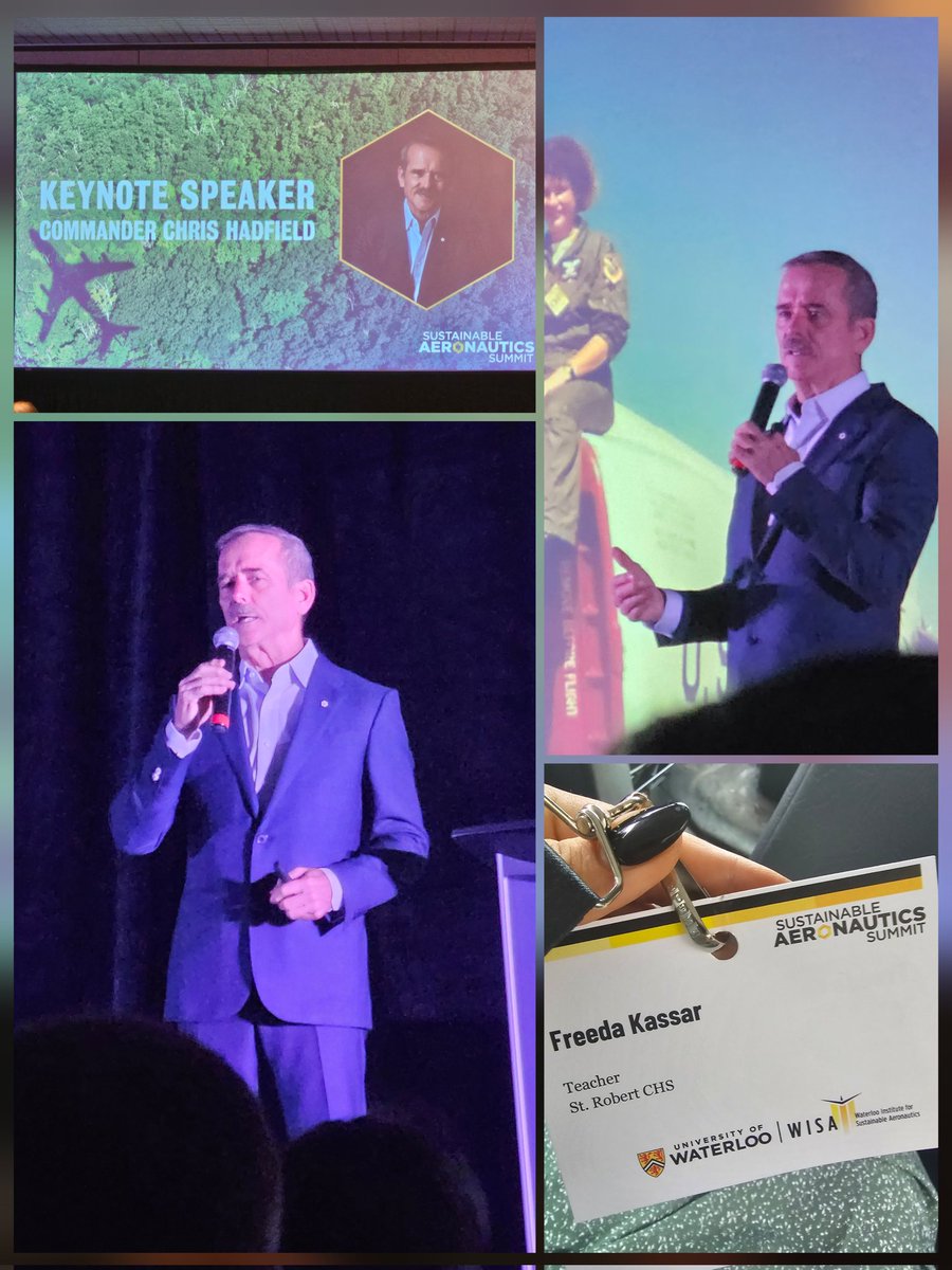 MsFKassar's tweet photo. Loved getting to hear @Cmdr_Hadfield speak at the Sustainable Aeronautics Summit hosted by @UWaterloo @WISA_UW! Our #aviation SHSM students from @StRobertCHS all enjoyed learning from him and all the different individuals at the career fair.  @YCDSB #Math #Science #Engineering 🚀 https://t.co/VLuCIYqvJG