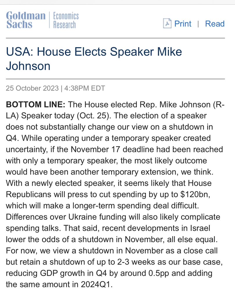 JimPethokoukis's tweet photo. This Goldman Sachs analysis of the new Speaker syncs with what I said earlier today on @cnbc @PowerLunch. #FirstOnCNBC https://t.co/YDHmbi1I97