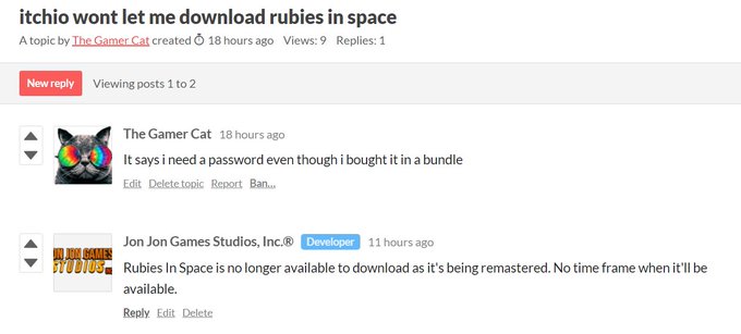 For those who are wandering why you can't download Rubies In Space. Please bear with us. We are working<a href="/tag/gamedev"class="tags"><span>#gamedev</span></a><a href="/tag/indiedev"class="tags"><span>#indiedev</span></a><a href="/tag/madewithunity"class="tags"><span>#madewithunity</span></a>