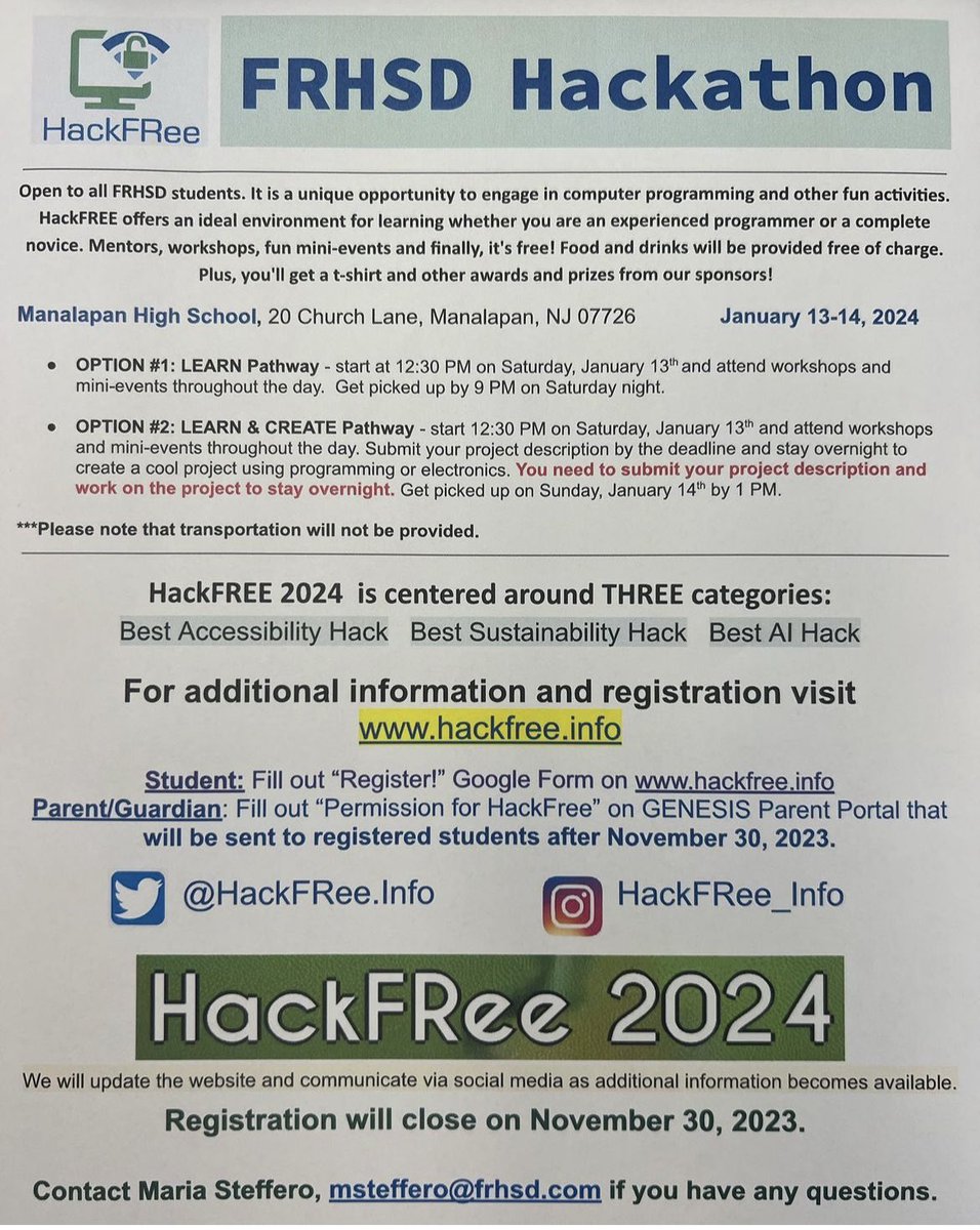 Dr. Maria Steffero (@msteffero) on Twitter photo 💻📣So excited for the FRHSD Hackathon! 🎉💻Such an awesome opportunity to learn, create, & collaborate. Registration open now hackfree.info <a href="/LenaKomitas/">Jelena Komitas</a> @CNHSPrincipal <a href="/CNHSAthletics/">Colts Neck Athletics and Activities</a> <a href="/CNHSCounselors/">Colts Neck HS Counselors</a> 💻📣So excited for the FRHSD Hackathon! 🎉💻Such an awesome opportunity to learn, create, & collaborate. Registration open now hackfree.info <a href="/LenaKomitas/">Jelena Komitas</a> @CNHSPrincipal <a href="/CNHSAthletics/">Colts Neck Athletics and Activities</a> <a href="/CNHSCounselors/">Colts Neck HS Counselors</a>