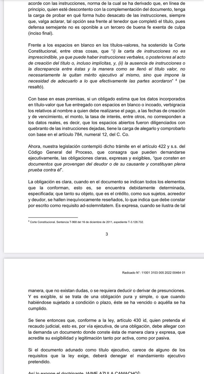 jairoparrac's tweet photo. TÍTULOS VALORES CON ESPACIOS EN BLANCO. TSB: El art. 622 del Código de Comercio permite firmar instrumentos negociables con espacios en blanco, e inclusive totalmente en blanco para ser convertido en documentos de esa especie, con derecho del tenedor de llenarlo acorde con las instrucciones, norma de la cual se ha derivado que, en línea de principio, quien esté descontento con la complementación del documento, tenga la carga de probar en qué forma hubo desacato de las instrucciones, siempre que, valga aclarar, tal opción sea frente al tenedor que completó el título, pues defensa semejante no es oponible a un tercero de buena fe exenta de culpa (inciso final).

Si un obligado estima que los datos incorporados en título-valor que fue entregado con espacios en blanco o incoado, verbigracia los relativos al nombre a quien debe realizarse el pago, a las fechas de creación y de vencimiento, el monto, la tasa de interés, entre otros, no corresponden a los datos reales, es decir, que los espacios abiertos fueron diligenciados con quebranto de las instrucciones dejadas, tiene la carga de alegarlo y comprobarlo con base en el artículo 784, numeral 12, del C. Co
