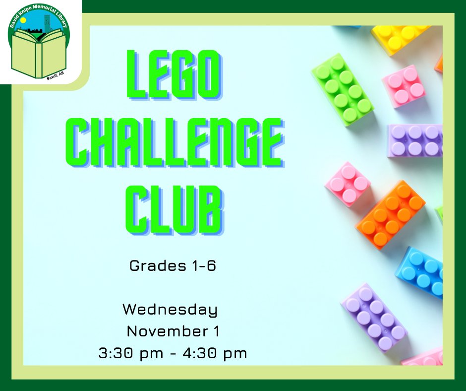 BawlfLibrary's tweet image. Calling young builders! Grades 1-6, mark your calendars our Library Lego Challenge Club, starts Wednesday, November 1 at 3:30. Create, build, and conquer exciting building challenges! Don&apos;t miss out on the brick-tastic fun ahead! #LegoChallengeClub #BuildingFun #CreativeKids