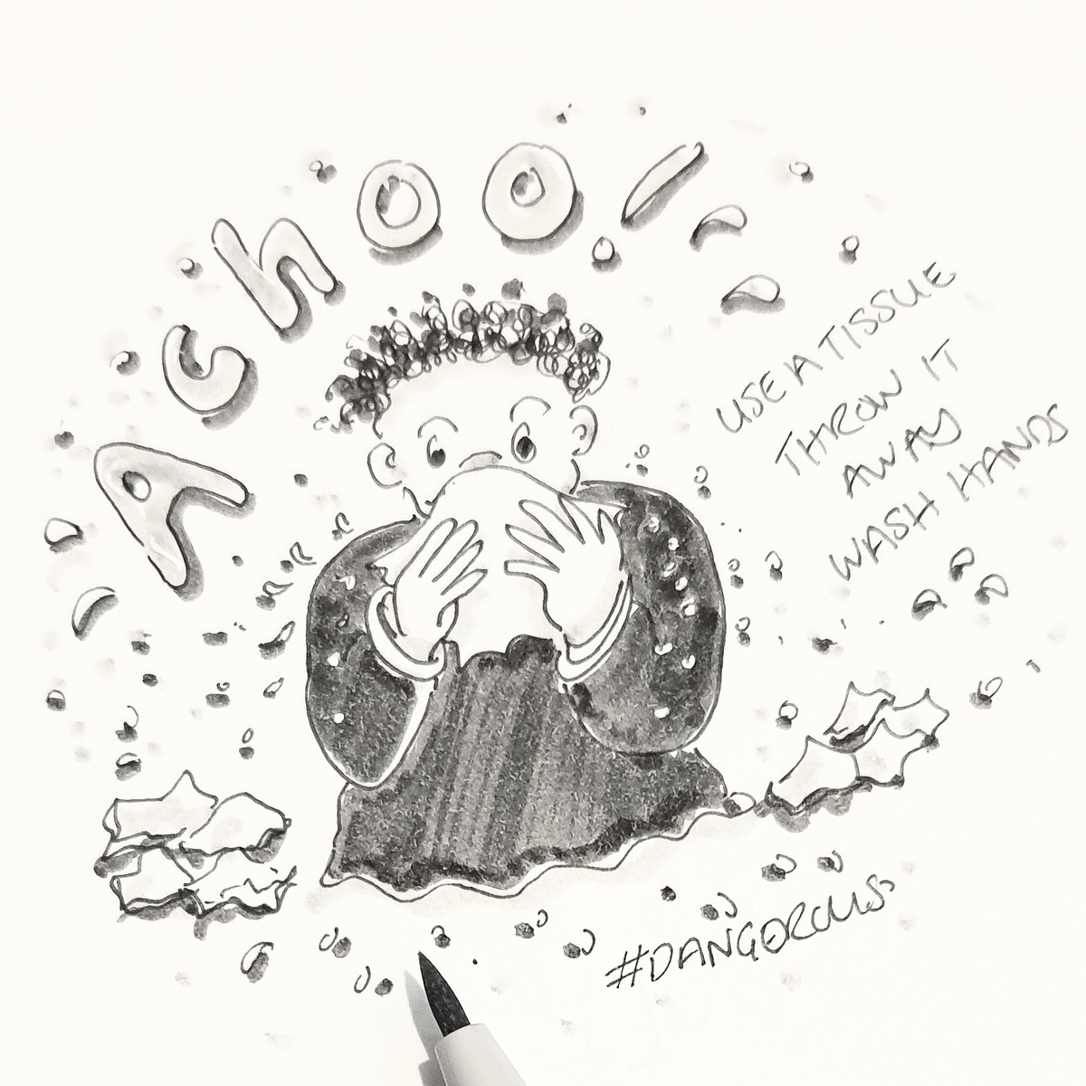 mooartdotcom's tweet photo. #Day25 #OccupationalTherapy #inktober2023 quick one as I'm a bit under the weather... use a tissue, throw it away, wash your hands! #dangerous #inktober https://t.co/tBIjMaqPz4
