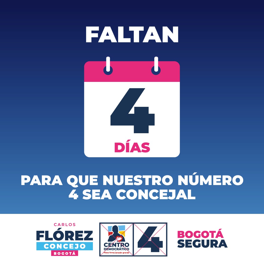 CarlosFlorezS's tweet photo. Este 29 de octubre vota por la mano firme contra la delincuencia marcando @CeDemocratico # 4️⃣ al Concejo.

¡Construyamos juntos una Bogotá segura! https://t.co/x529xejAIS