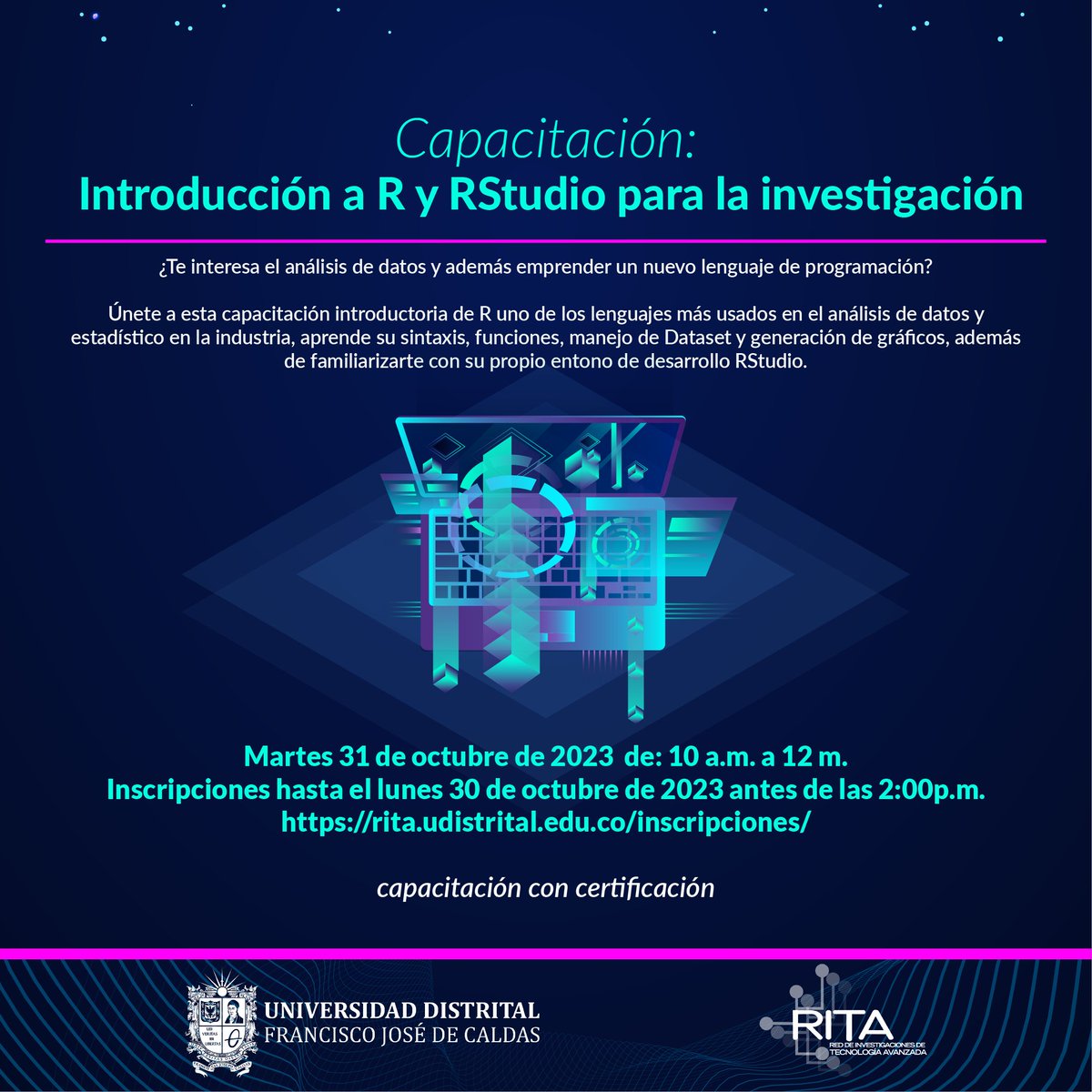 Desde la <a href="/redritaud/">Red RITA UD</a>  de la <a href="/udistrital/">UniversidadDistrital</a> invitamos a la capacitación: Introducción a R y RStudio para la investigación, 31 octubre de 2023 de 10:00a.m. a 12:00m., realizar inscripción previa antes del 30 de octubre de 2023 a las 2:00pm en: rita.udistrital.edu.co/inscripciones/ 📷📷📷