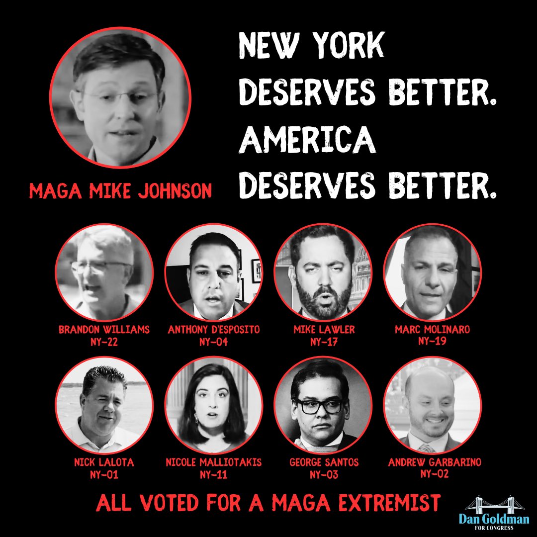 danielsgoldman's tweet photo. Every NY Republican just voted to elevate MAGA extremist @RepMikeJohnson to the highest position of power in the House of Representatives.

There’s nothing “moderate” about these Republicans. https://t.co/fKg6ZKGi9X