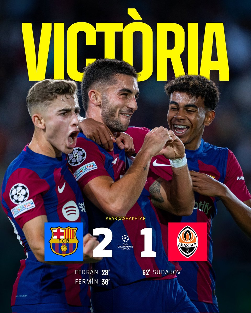 SportinCircuit's tweet photo. 🚨📢 UEFA Champions League Results
Full Time: Barcelona 2 - 1 Shakhtar Donestk

Tags : #sportingcircuit #manchesterunited #arsenal 
Wins: #manchestercity #barcelona #celtic #AltMadrid #Dortmund #PSG #ManCity #Leipzig #Porto https://t.co/IxXon3hO0T