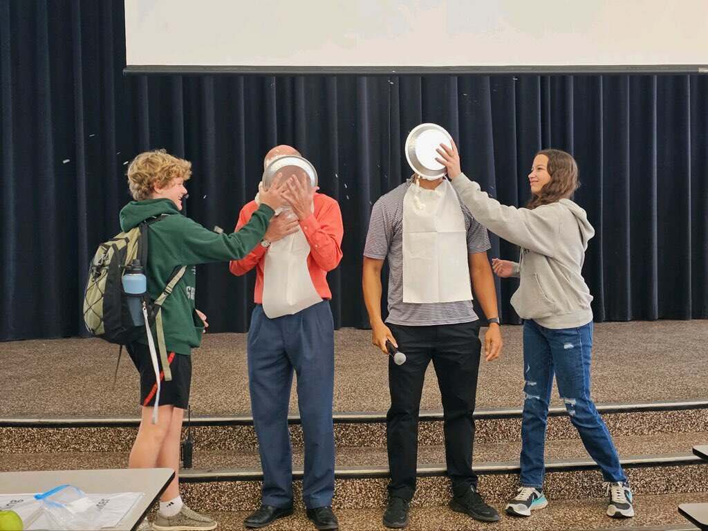 SouthernMSAACPS's tweet photo. Mr. Heiser and Mr. Lewis were pied in the face today in 6th grade lunch because they are in the lead for Harvest for the Hungry donations #AACPSAwesome @AACountySchools https://t.co/wBANYSLptU