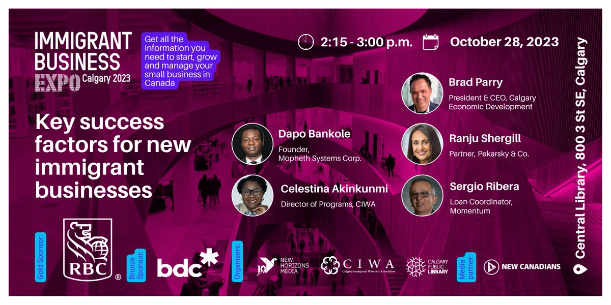 ImmBiz's tweet photo. Join us for an enlightening PD on the journeys of immigrant entrepreneurs in Canada this Saturday Oct 28 at the Immigrant Business Expo Calgary. Register here: https://t.co/6t7aKLhKK4
#newcanadians #Immbiz #IBECalgary #entrepreneurs #success
@CIWA_yyc @bdc_ca @calgarylibrary https://t.co/jxW4kSgNq9