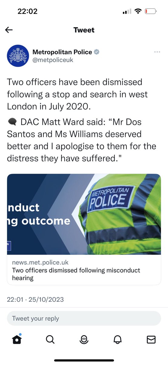 Not sure why the Met decided to delete this tweet where they used the word ‘lying’ regarding the officers who stopped Ricardo Dos Santos and Bianca Williams. In a new tweet they have totally omitted it.