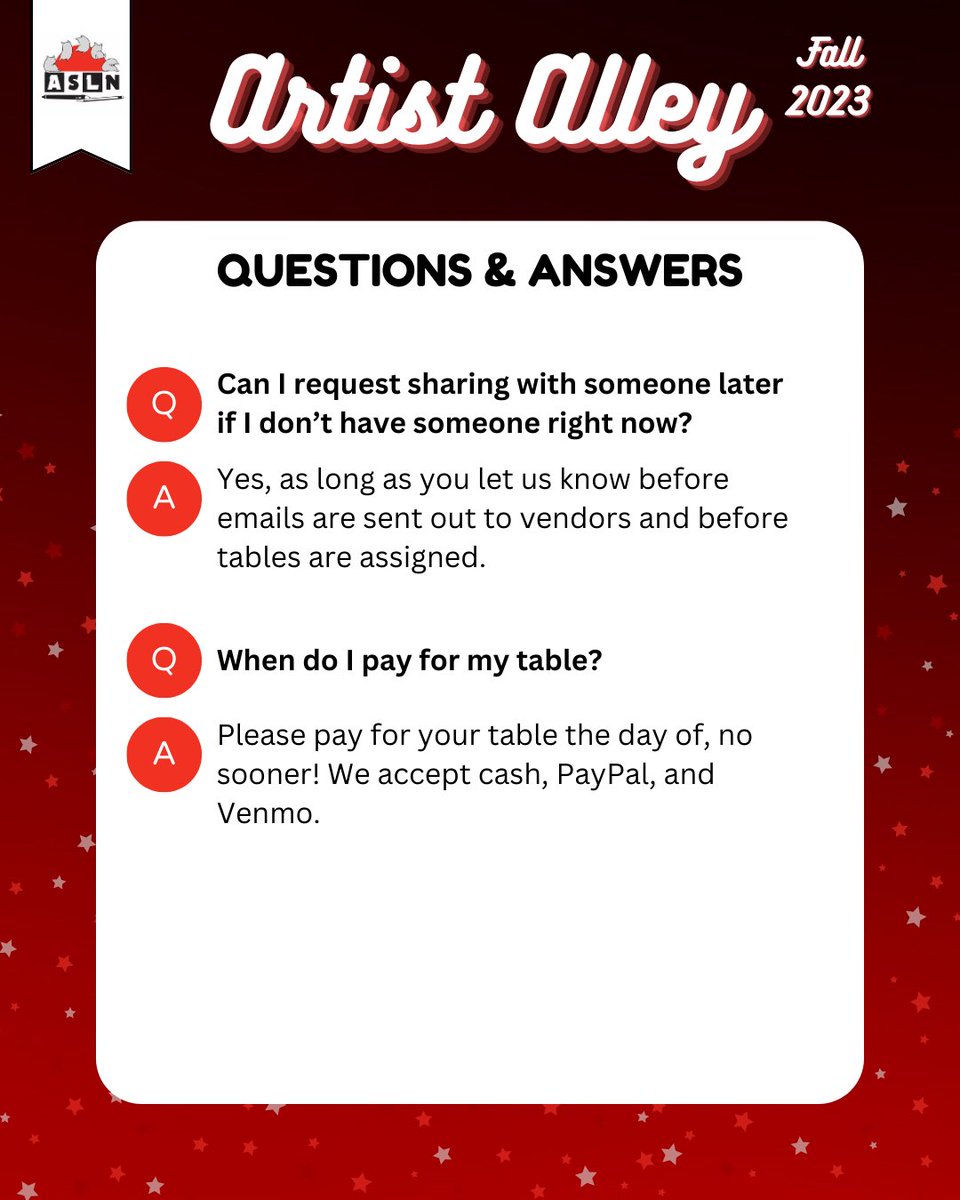 ASLN_CSUN's tweet photo. Thank you to everyone who applied for a spot at ASLN Artist Alley! 💫 While we go through the submissions, here are some answers to common questions. https://t.co/nZoO2T1Cbz