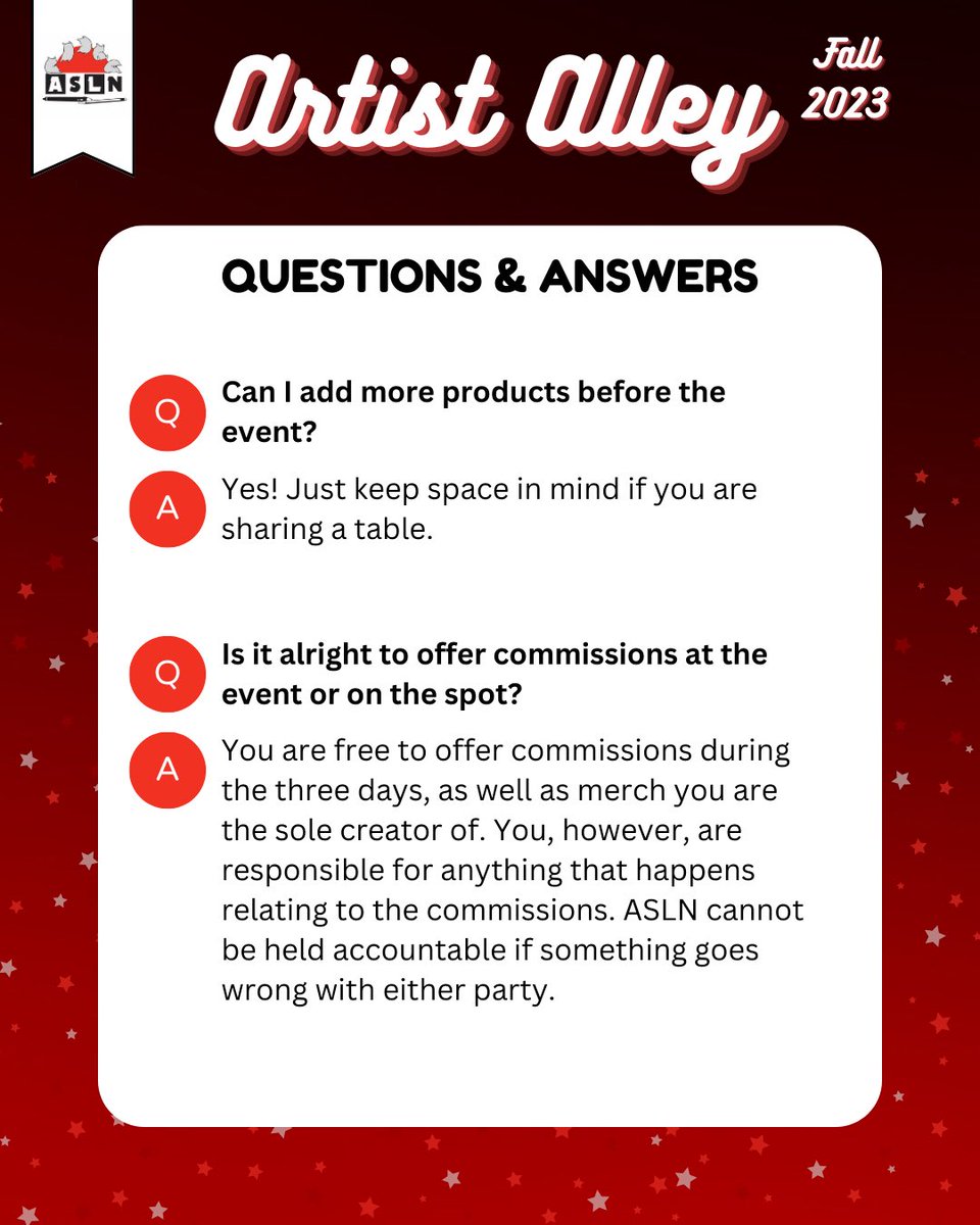 ASLN_CSUN's tweet photo. Thank you to everyone who applied for a spot at ASLN Artist Alley! 💫 While we go through the submissions, here are some answers to common questions. https://t.co/nZoO2T1Cbz