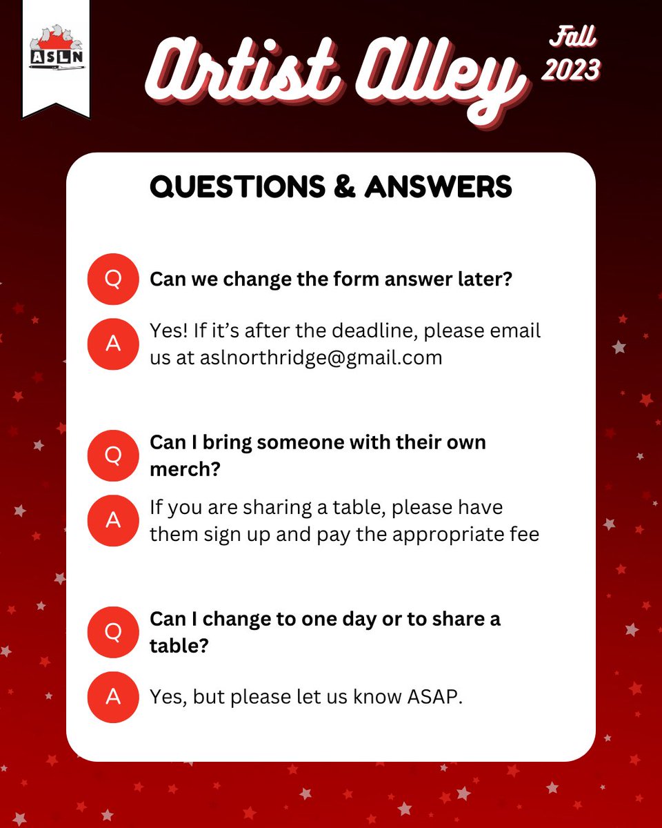 ASLN_CSUN's tweet photo. Thank you to everyone who applied for a spot at ASLN Artist Alley! 💫 While we go through the submissions, here are some answers to common questions. https://t.co/nZoO2T1Cbz