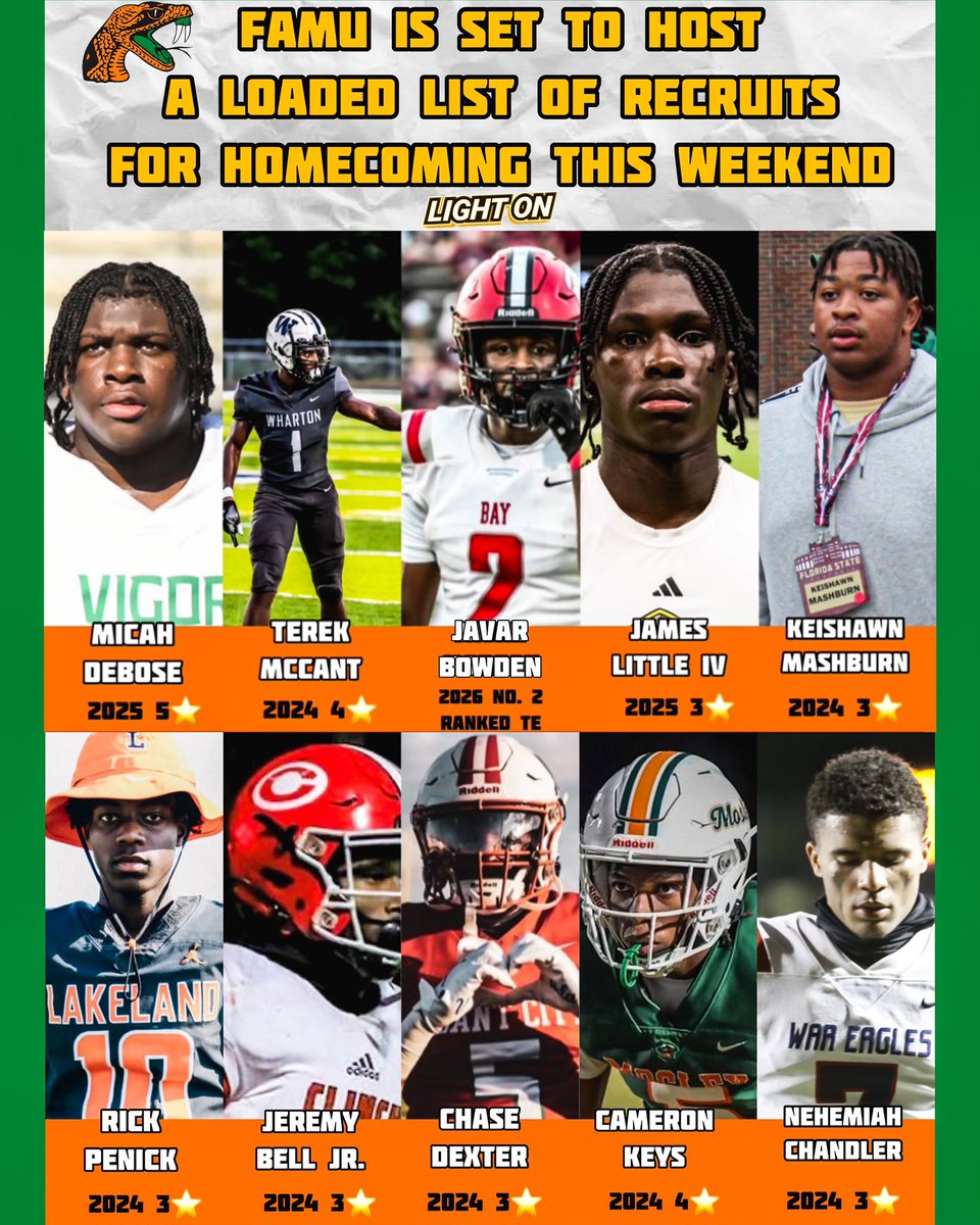 FAMU is set to host a loaded list of recruits for homecoming this weekend. 🐍

• Micah Debose (2025 5⭐️)
• Terek McCant (2024 4⭐️)
• Javar Bowden (2026 No. 2 TE in the nation)
• James Little IV (2025 3⭐️)
• Keishawn Mashburn (2024 3⭐️)
• Rick Penick (2024 3⭐️)
• Jeremy