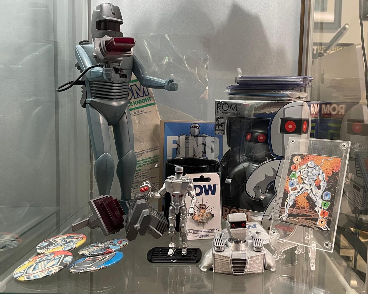 rom2814's tweet photo. My Rom Spaceknight shrine. (One of these days will get one of those statues floating around!) C’mon @Marvel, how about a Rom Marvel  Legends figure to go with the Romnibus?? #RomSpaceknight #Rom #Spaceknight #comicbooks https://t.co/FEMFcPjQTU