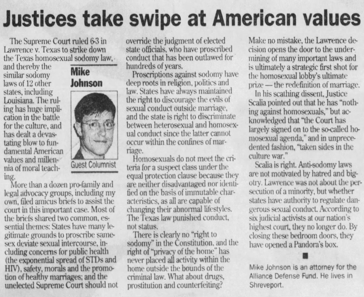 Here's House Speaker Mike Johnson in 2003 denouncing the Supreme Court for throwing out sodomy laws. Johnson said states had a right to criminalize homosexuality, and even suggested that the government should be allowed to ban any sex outside of marriage. He's a Christo-fascist.