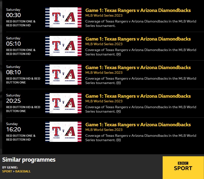 Good news for British baseball fans🇬🇧⚾️🧢🍿. According to the @BBCSport website, Game One of the #WorldSeries between #ArizonaDiamondbacks and #TexasRangers will be shown on the #BBC #redbutton this Saturday.