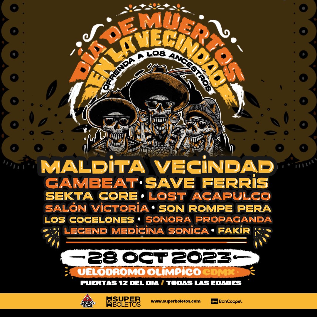ZepedaBros (@zepedabros) on Twitter photo Este sábado el festival de <a href="/MalditaVecindad/">Maldita Vecindad</a> #diadelosmuertosenlavecindad boletos sin cargos en taquilllas del <a href="/Velodromo1968/">Velódromo Olímpico</a> y red <a href="/SuperboletosMx/">Superboletos</a> Este sábado el festival de <a href="/MalditaVecindad/">Maldita Vecindad</a> #diadelosmuertosenlavecindad boletos sin cargos en taquilllas del <a href="/Velodromo1968/">Velódromo Olímpico</a> y red <a href="/SuperboletosMx/">Superboletos</a>