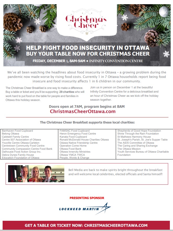 Help fight food insecurity in #Ottawa  and support 29 local charities who work hard in our community to help those in need. Join us at this year's Christmas Cheer Breakfast on Friday, December 1.
Buy your table or ticket at: christmascheerottawa.com
#SpreadCheerOTT #fundraiser