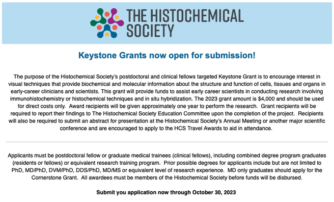 histochemnews's tweet photo. There are still a few days left to apply for an HCS Keystone Grant!  

Postdoctoral &amp; clinical fellows are welcome to apply for this $4,000 award, which will provide funds to assist them in conducting research.

Deadline 10/30: https://t.co/xqlrZzWSTC 

#scicomm #AcademicChatter https://t.co/MNRyYMTpGL
