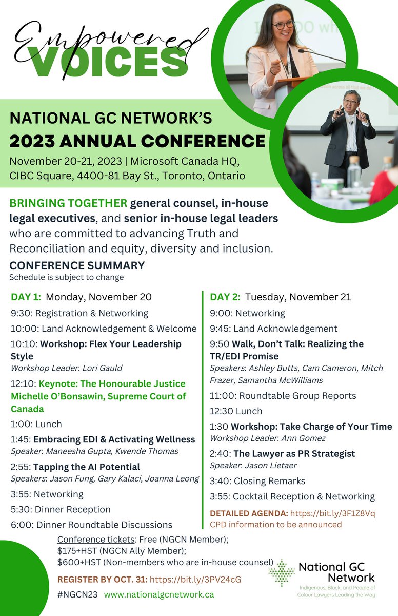 faclOntario's tweet image. Calling all general counsel, in-house legal executives, and senior in-house legal leaders. The National GC Network's second annual conference is November 20-21. 

Register here by October 31: bit.ly/3F1Z8Vq 

#GeneralCounsel #InHouseCounsel #EmpoweredVoices #NGCN23