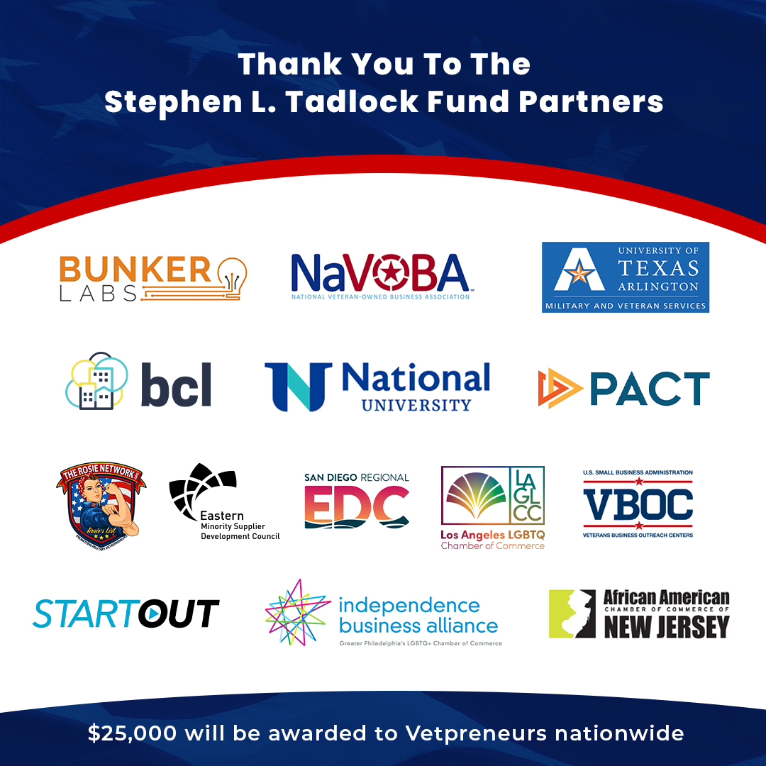Huge thanks to our partners for their continuous support in helping us spread the word about the Stephen L. Tadlock Fund for Veteran business owners. Get ready for an exciting Veteran grant recipient announcement coming in the next few weeks. 🎖 #Vetpreneur #VeteranBiz