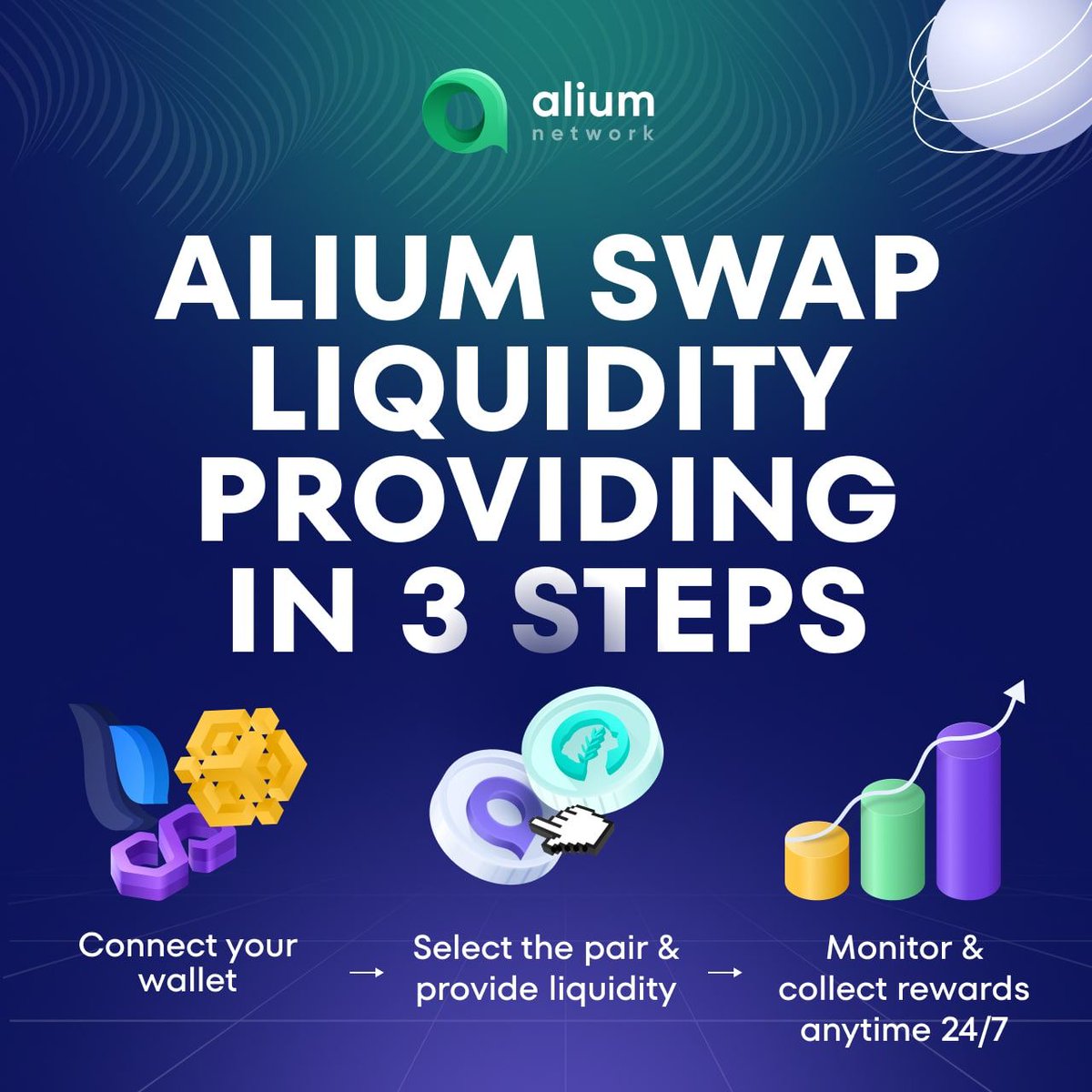 How to add #liquidity in 3 steps❓

Step 1:
▫️ Connect your wallet!

Step 2:
▫️ Open the Liquidity Menu
▫️ Click Add Liquidity and select the Tokens
▫️ Fill in the amount of tokens you want to supply and click "Supply"

Step 3:
▫️ Monitor &amp; collect rewards anytime 24/7!