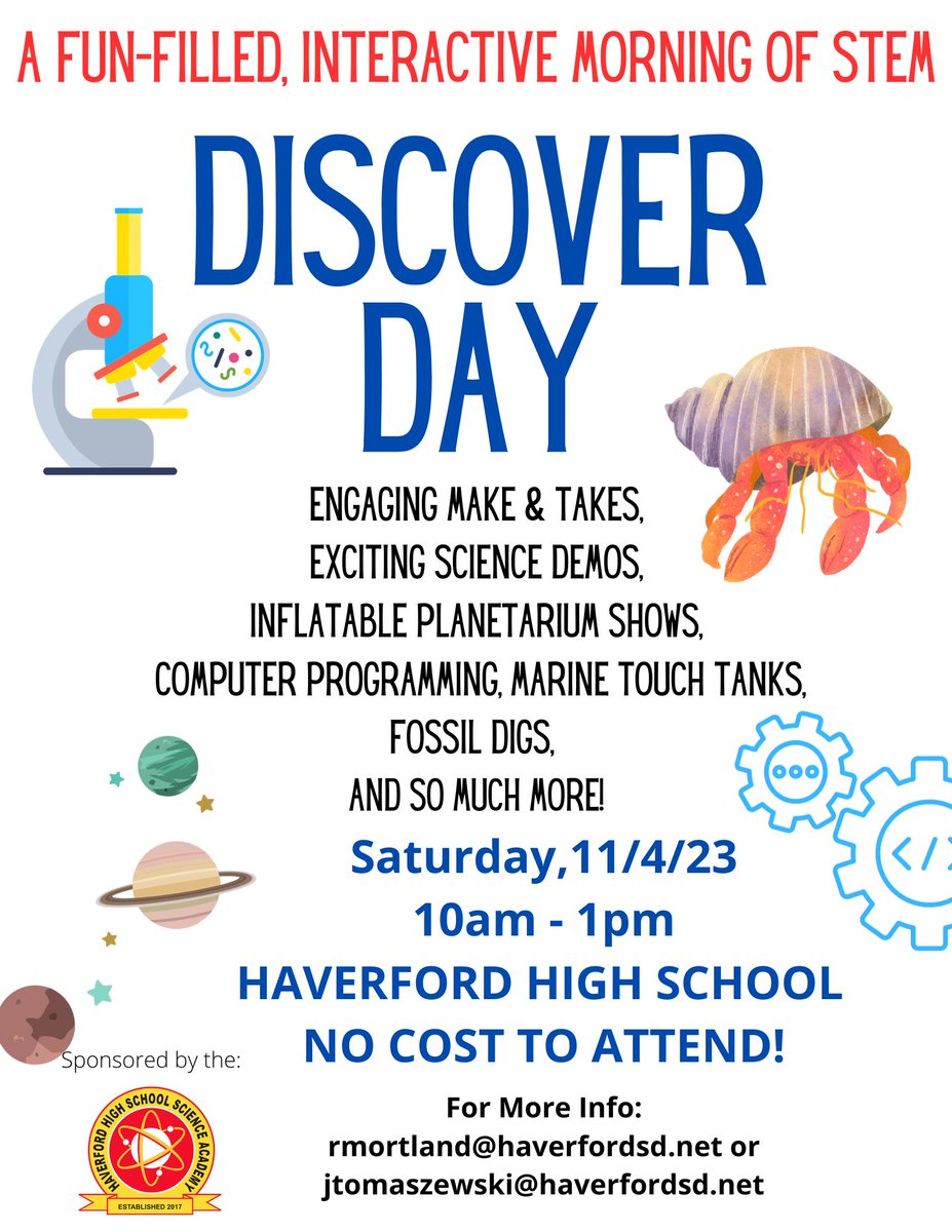 Over 30 experiences for your kids to explore! All the fun you've enjoyed in the past plus many new science-filled rooms there is something for everyone. Join us for this free event! <a href="/haverfordsd/">Haverford SD</a> <a href="/Manoa_ES/">Manoa Elementary</a> <a href="/Lynnewood_ES/">Lynnewood Elementary</a> <a href="/Chestnutwold_ES/">Chestnutwold_ES</a> <a href="/Coopertown_ES/">Coopertown ES</a> <a href="/ChathamPark_ES/">ChathamPark_ES</a> <a href="/HaverfordLib/">Haverford Twp Free Library</a>