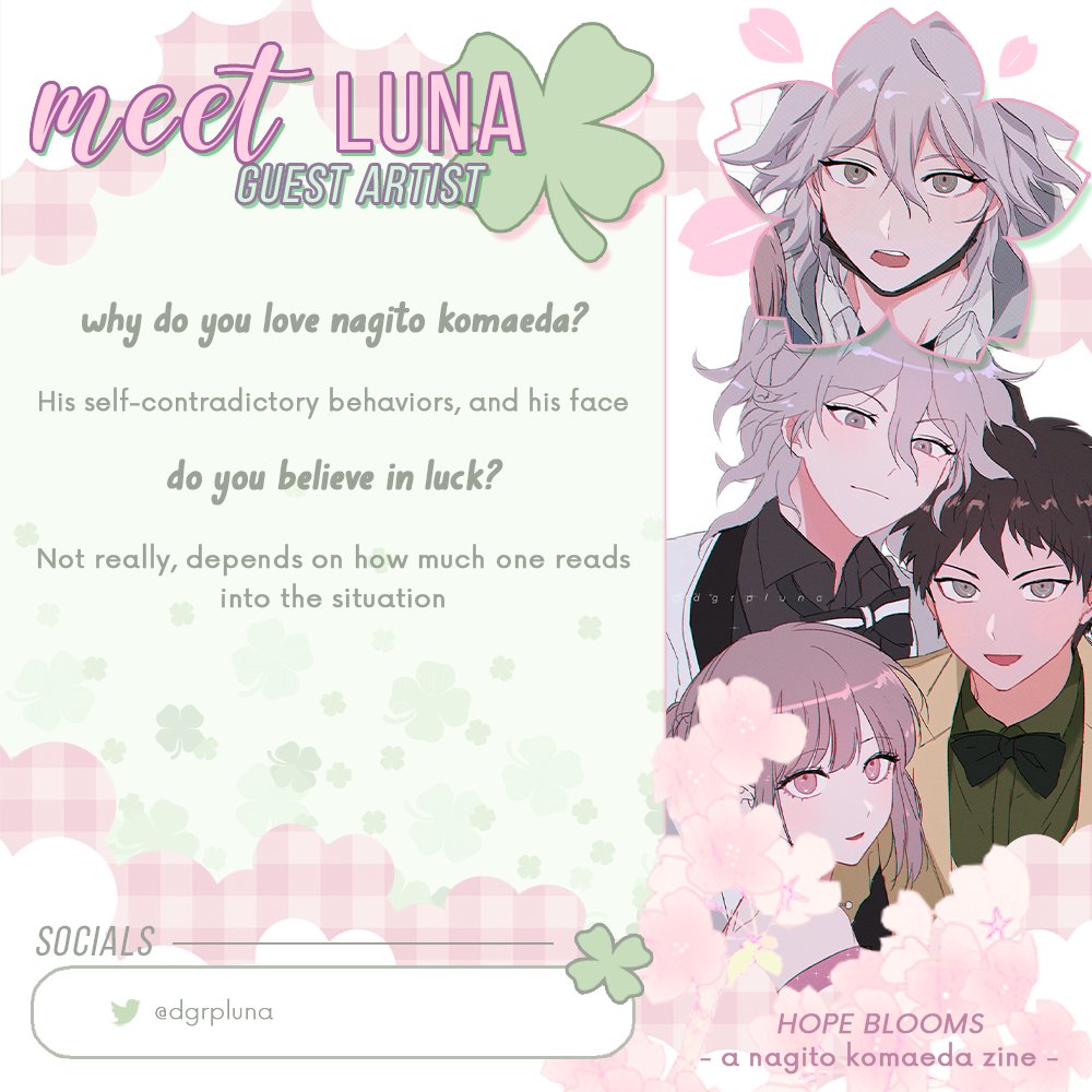 komaedazines's tweet photo. 🍀《 GUEST SPOTLIGHT: Luna 》🌸

Our next guest artist is Luna, with a popular and beautiful style, and plenty of love for Komaeda, we hope you're as excited for their role on this zine as we are!

✧ twitter - @dgrpluna https://t.co/6rAU0h0uc9