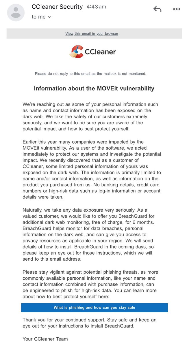 troyhunt's tweet image. Looks like @CCleaner was hit by the MOVEit hack: