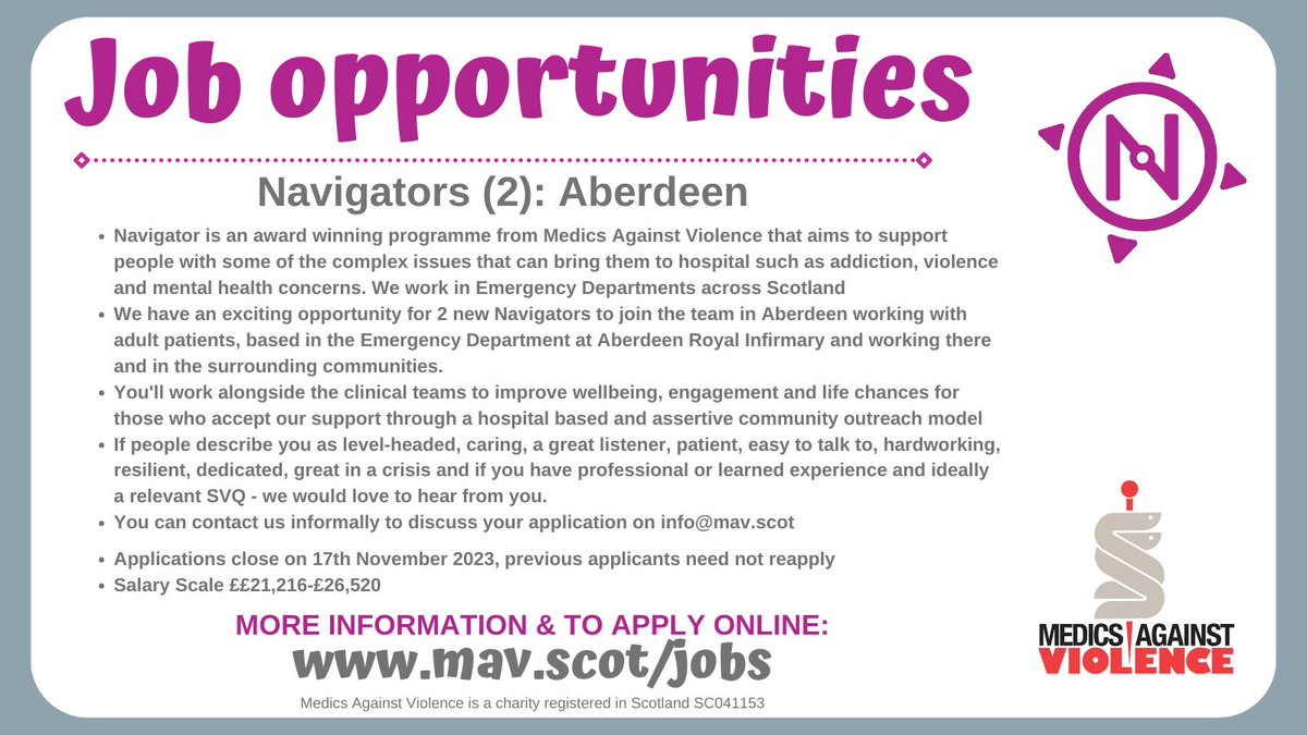 MAVscotland's tweet photo. JOB OPPORTUNITIES

We have some great job opportunities for our award winning Navigator programme live now &amp; more coming soon. Recruiting now for @NavigatorsScot for @aberdeenED &amp; sessional workers. 

Contact us if you are interested in these opportunities on info@mav.scot https://t.co/AY7cCk02IC