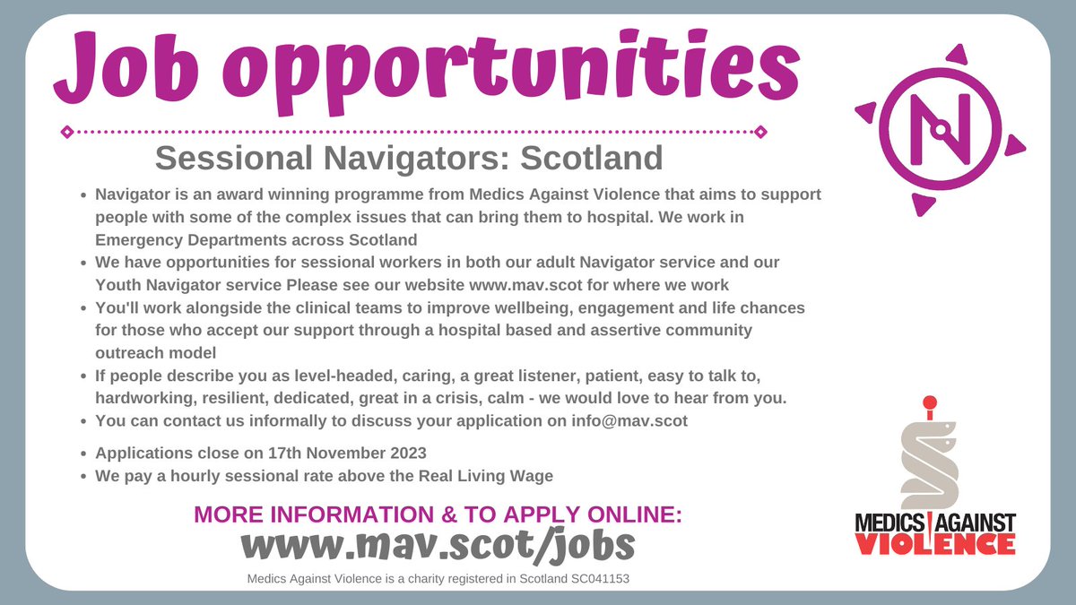 JOB OPPORTUNITIES We have some great job opportunities for our award winning Navigator programme live now & more coming soon. Recruiting now for @NavigatorsScot for @aberdeenED & sessional workers. Contact us if you are interested in these opportunities on info@mav.scot