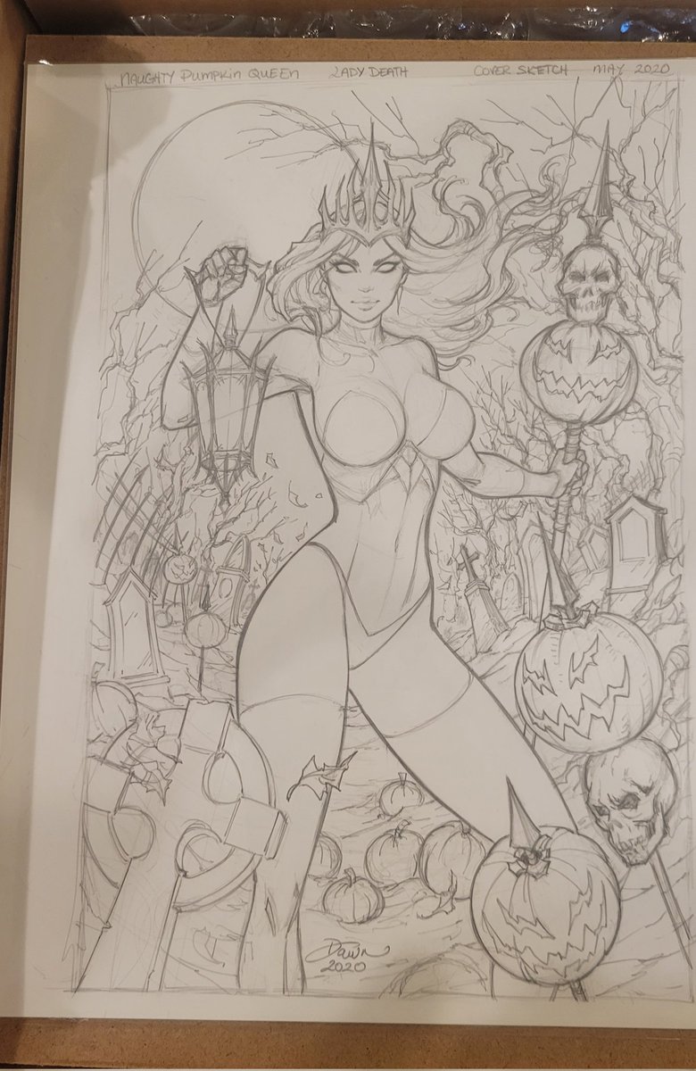 Mail call.... from the talented art of Dawn McTeigue, the amazing Lady Death Pumpkin Queen. This illustration screams make me into a collectible statue. #LadyDeath #PumpkinQueen  #CoffinComics #QuarantineStudio #dawnmcteigue #wemakecollectiblestatues #QS  @Dawn_McTeigue