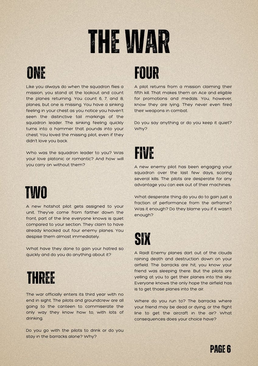 Prompt #1 was the first bit I wrote for Dead Stick and I think it's just a painfully beautiful situation. 

Journal about these and other situations in Dead Stick, my soon to be released #solorpg about being a ground crew member in a war that is bleeding everyone dry.