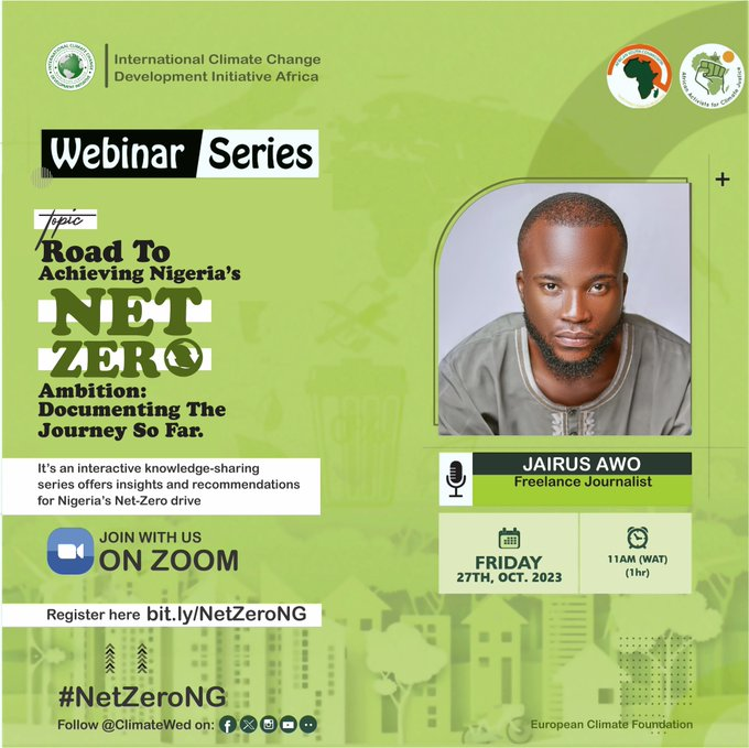 adebotes's tweet photo. How have we fared on this road to achieving Nigeria's #NetZero Ambition?
Looking forward to hosting @ClimateWed's next #NetZeroNG webinar series and learning from one of Nigeria's finest climate-focused journalist @JairusAwo.
Register here: https://t.co/Iu9zcKB8h5 https://t.co/3qGFM7PAsM