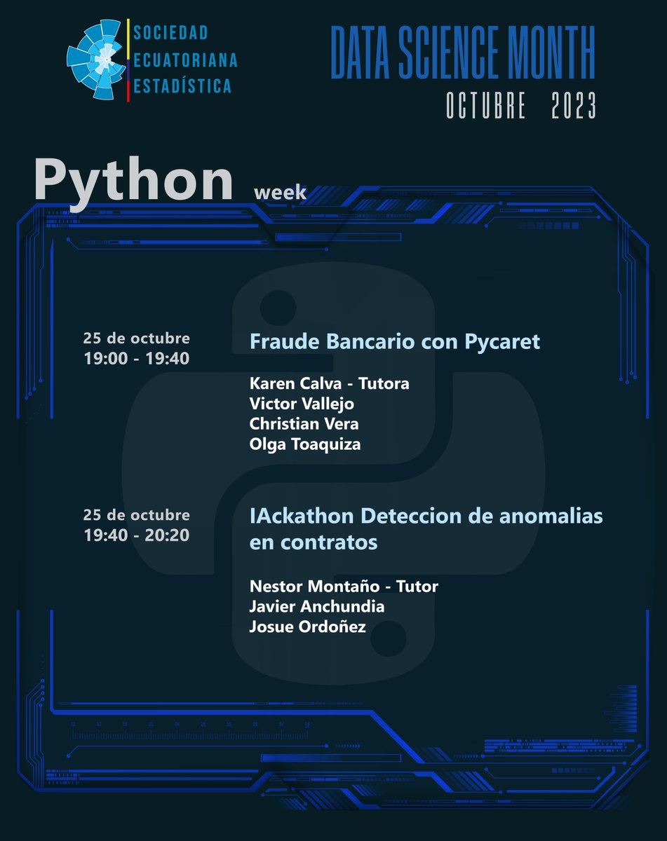 see_estadistica's tweet image. ¡Es hora de aprender más sobre Python y Data Science!
19H00 - Fraude bancario con Pycaret
19H40 - IAckathon detección de anomalías en contratos
Para conocer más detalles y registrarte, visita:
eventbrite.com/e/entradas-dat…
#PythonWeek #ProgramaciónEnPython #SEE #AnálisisDeDatos