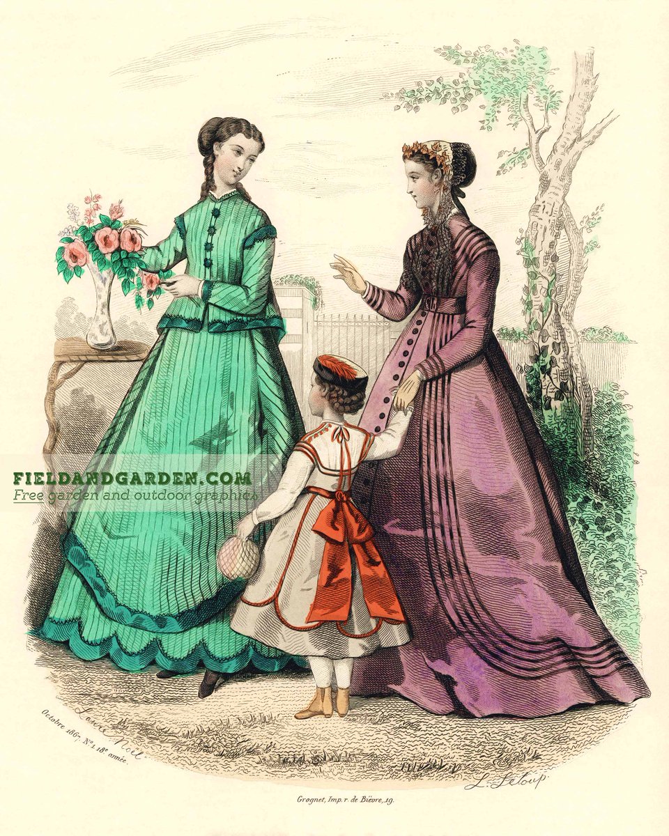 Vintage illustration of two Victorian ladies and a child in a garden. #Freeclipart for #collageart, #papercrafts, #scrapbooking or DIY #wallart at bit.ly/3Q3xf4o.
|| #fieldandgarden #vintageart #vintageprint